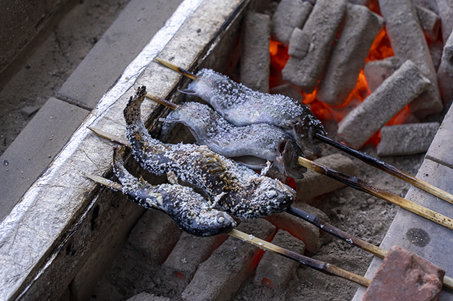 釣った川魚はその場でさばいて炭火焼きの写真